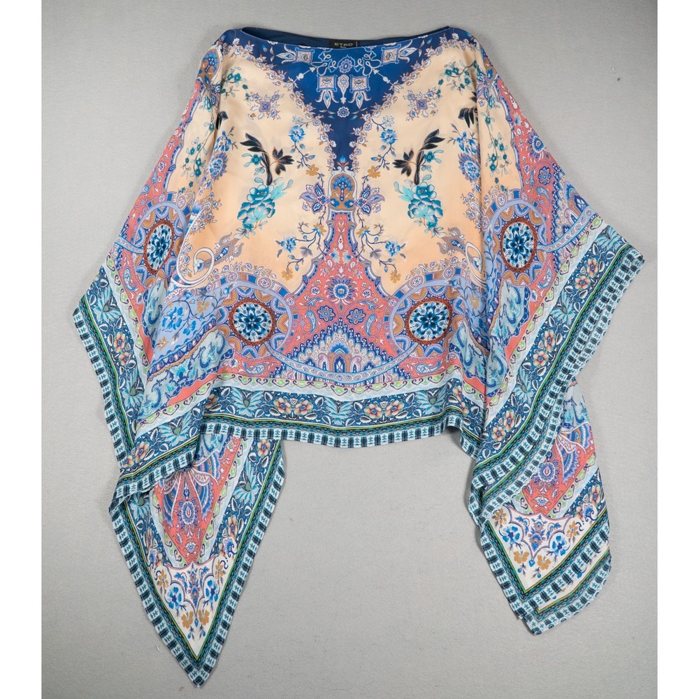 Etro Milano Womens Silk Poncho Top Paisley Scarf Print Blue Orange Multicolor OS